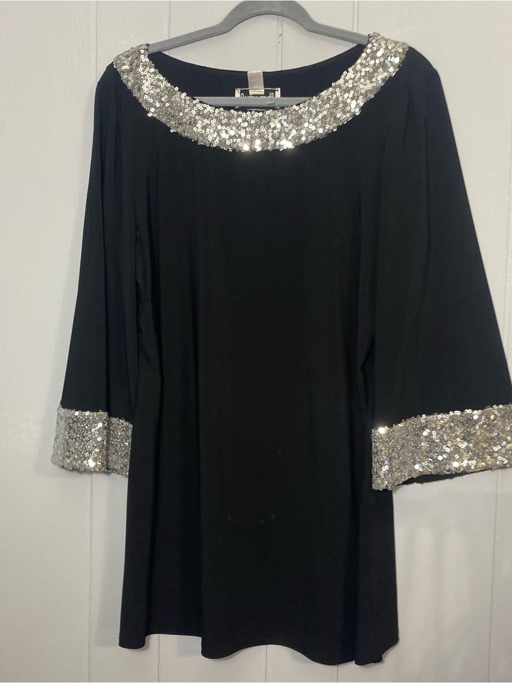 70s disco swing mini dress /Black Sequined Trim Tunic Top